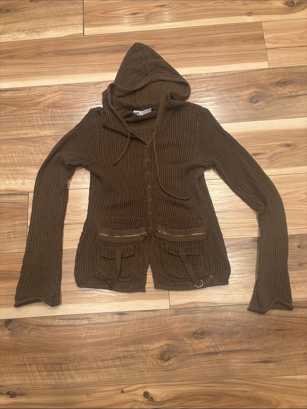 Zara Brown Knit Hooded Zip Cardigan